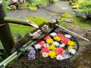 柳谷観音楊谷寺様｜花手水の竹「筧（かけひ）」